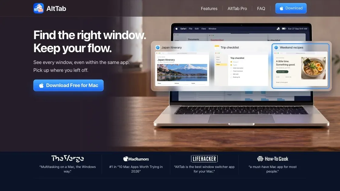 AltTab: Windows-style window switcher that shows every window with a preview, not just every app