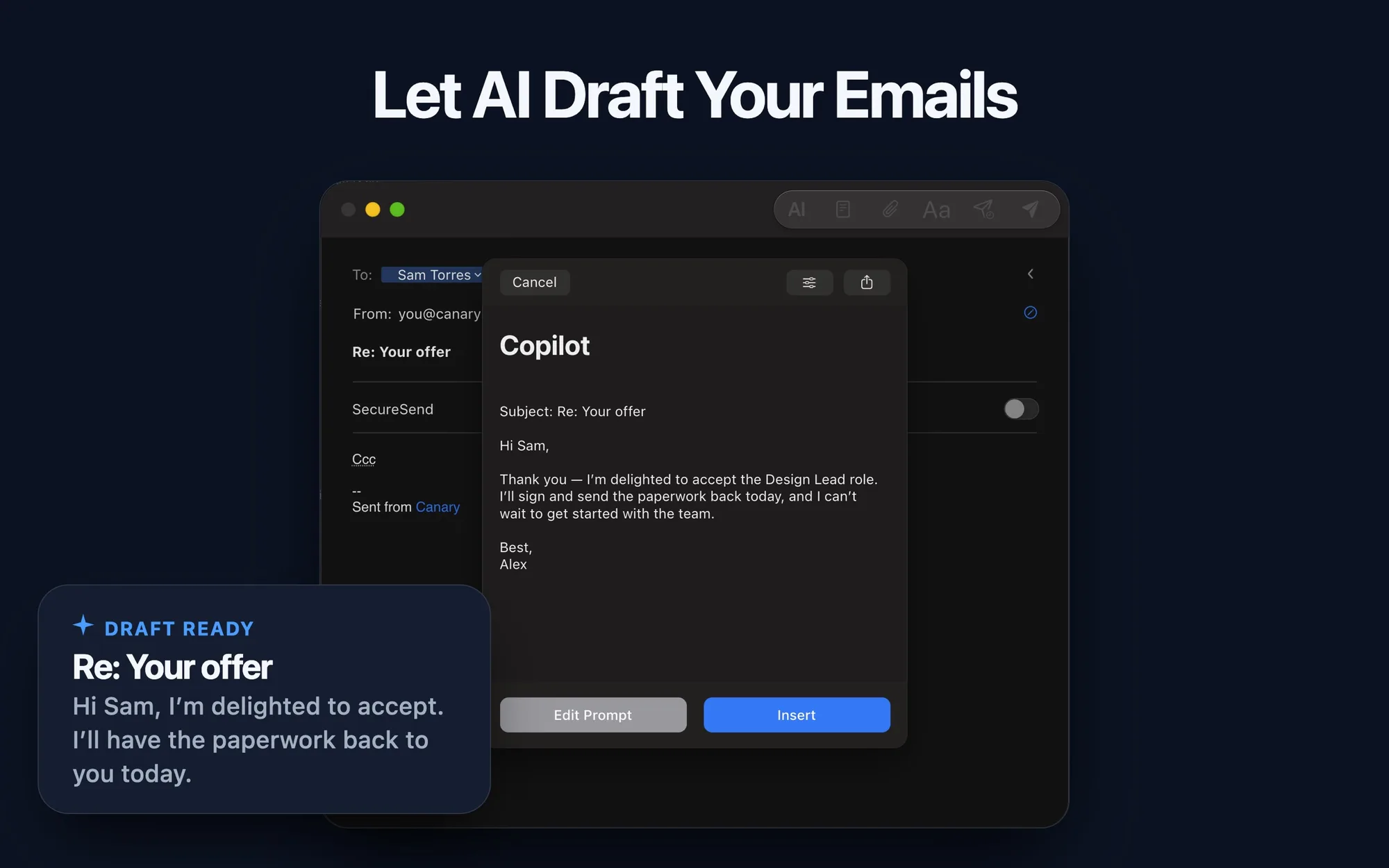 Canary Mail: Email client for multiple accounts with an AI writing assistant, read receipts and PGP encryption (2 of 8)