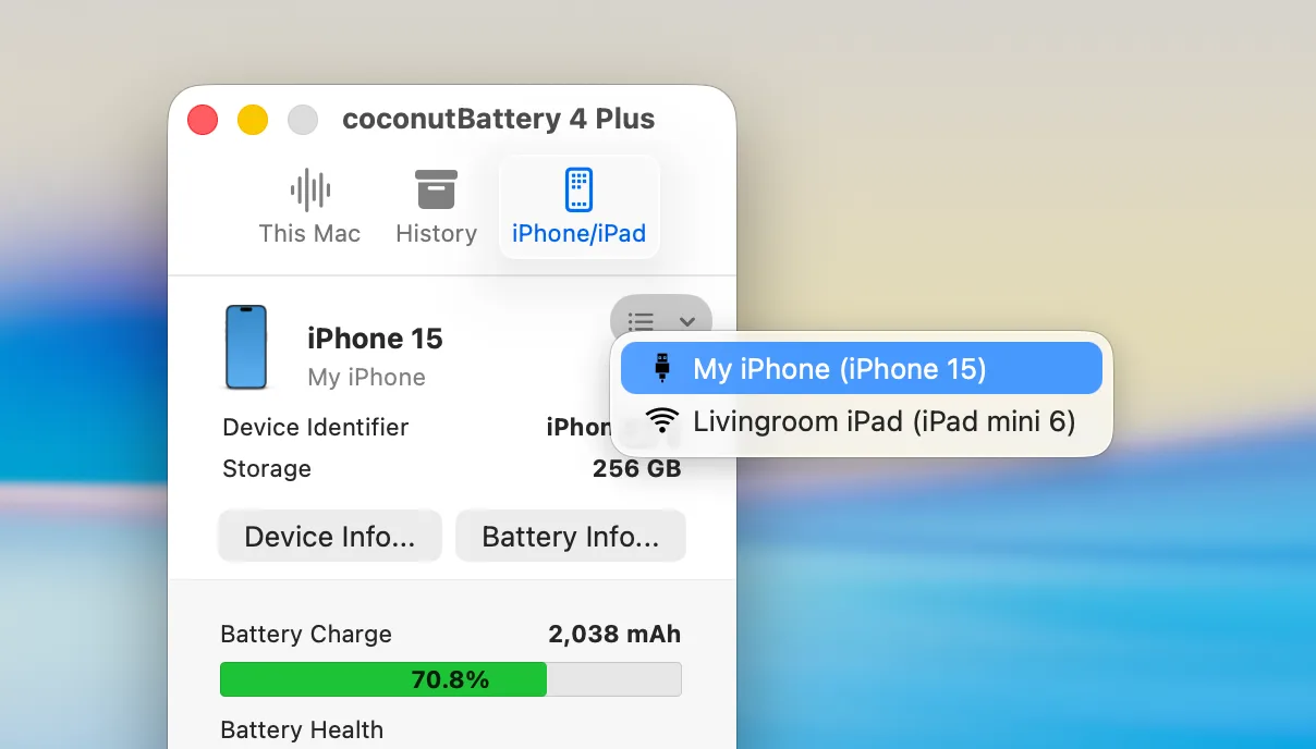 coconutBattery: Battery health readings for your Mac, iPhone and iPad, with saved history and menu bar details (2 of 6)