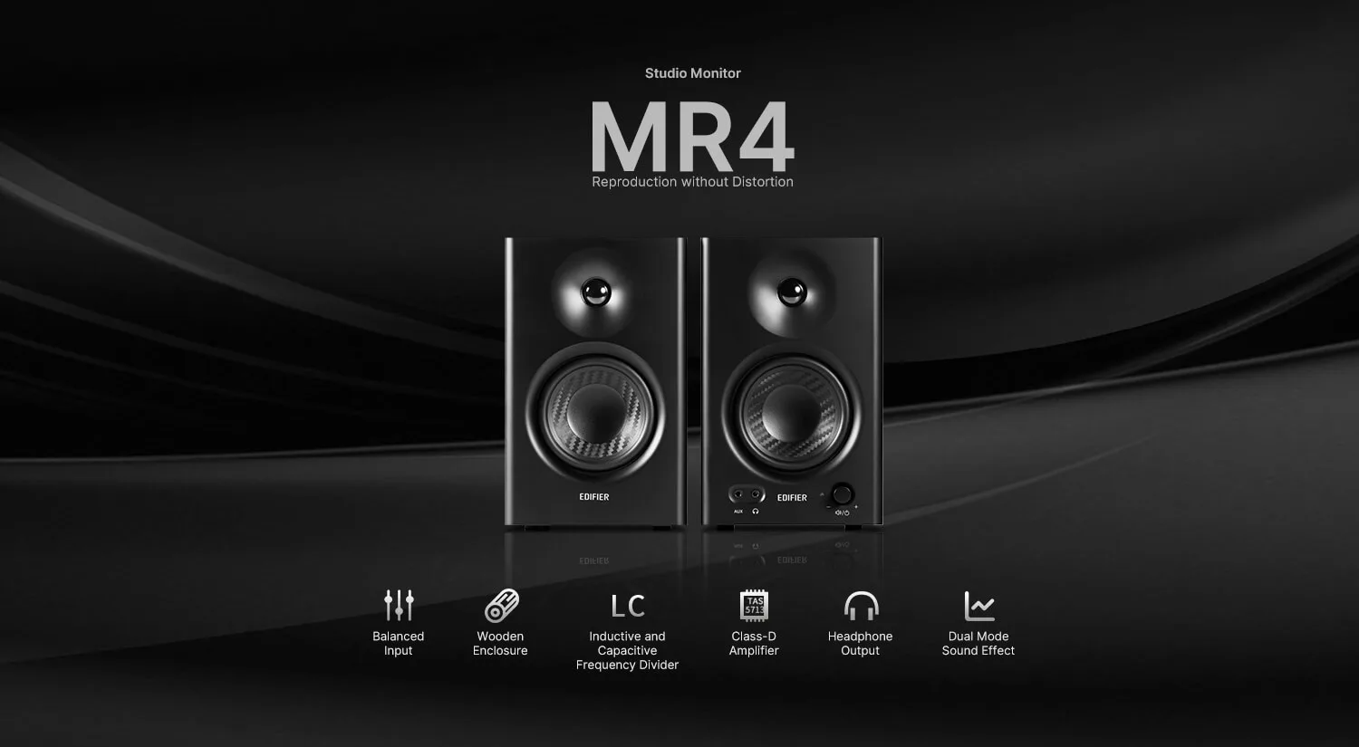 Edifier MR4 Studio Monitors: Powered 4-inch studio monitor pair with balanced TRS, RCA, and AUX inputs and a front headphone jack