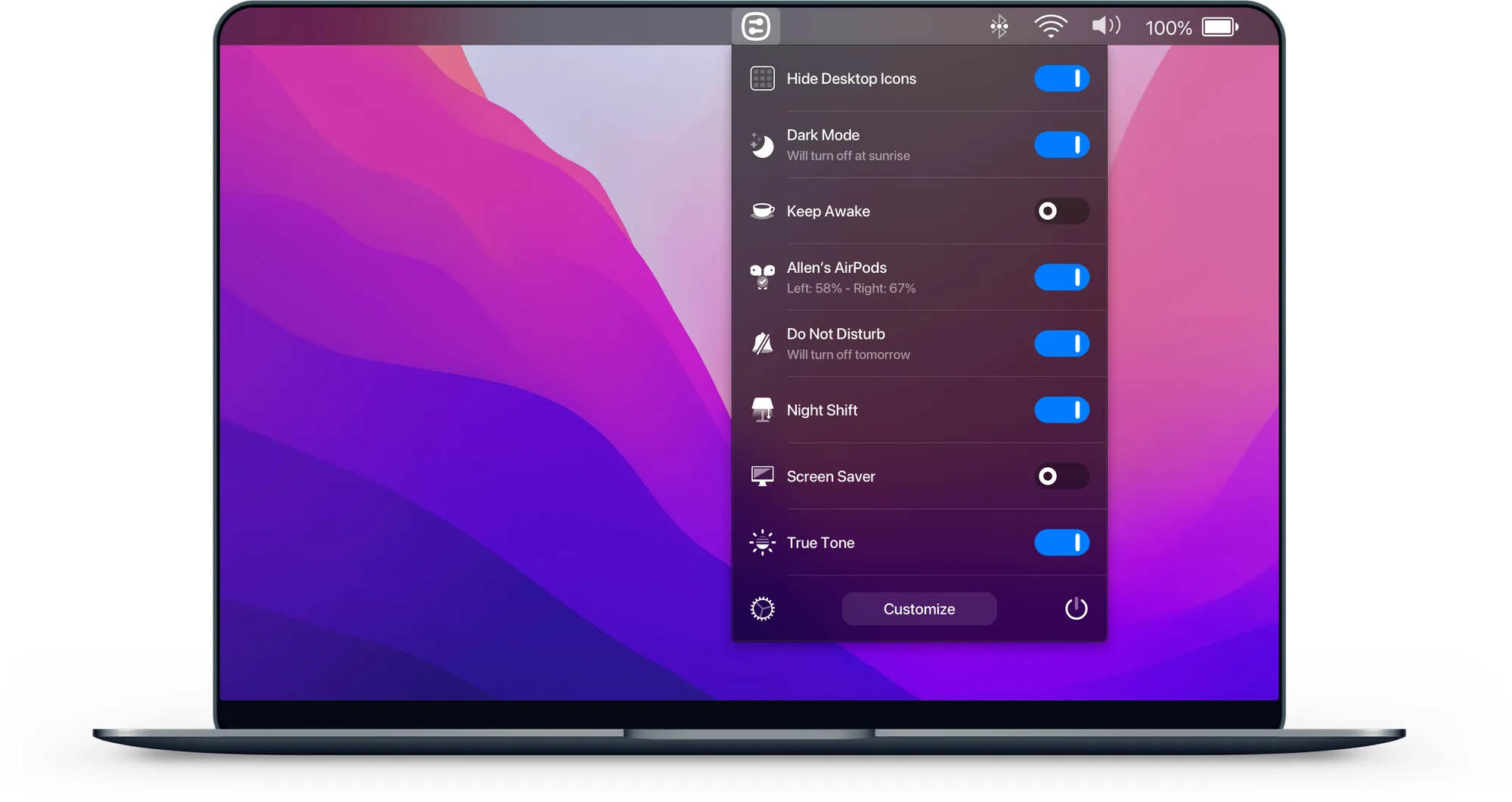 One Switch: Menu bar toggles for Dark Mode, Keep Awake, hiding desktop icons and connecting AirPods