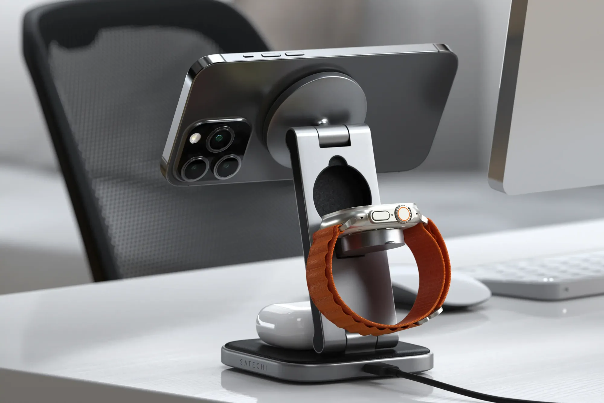 Satechi 3-in-1 Foldable Qi2 Wireless Charging Stand: Foldable Qi2 stand that charges an iPhone, AirPods and Apple Watch at once, sized for travel