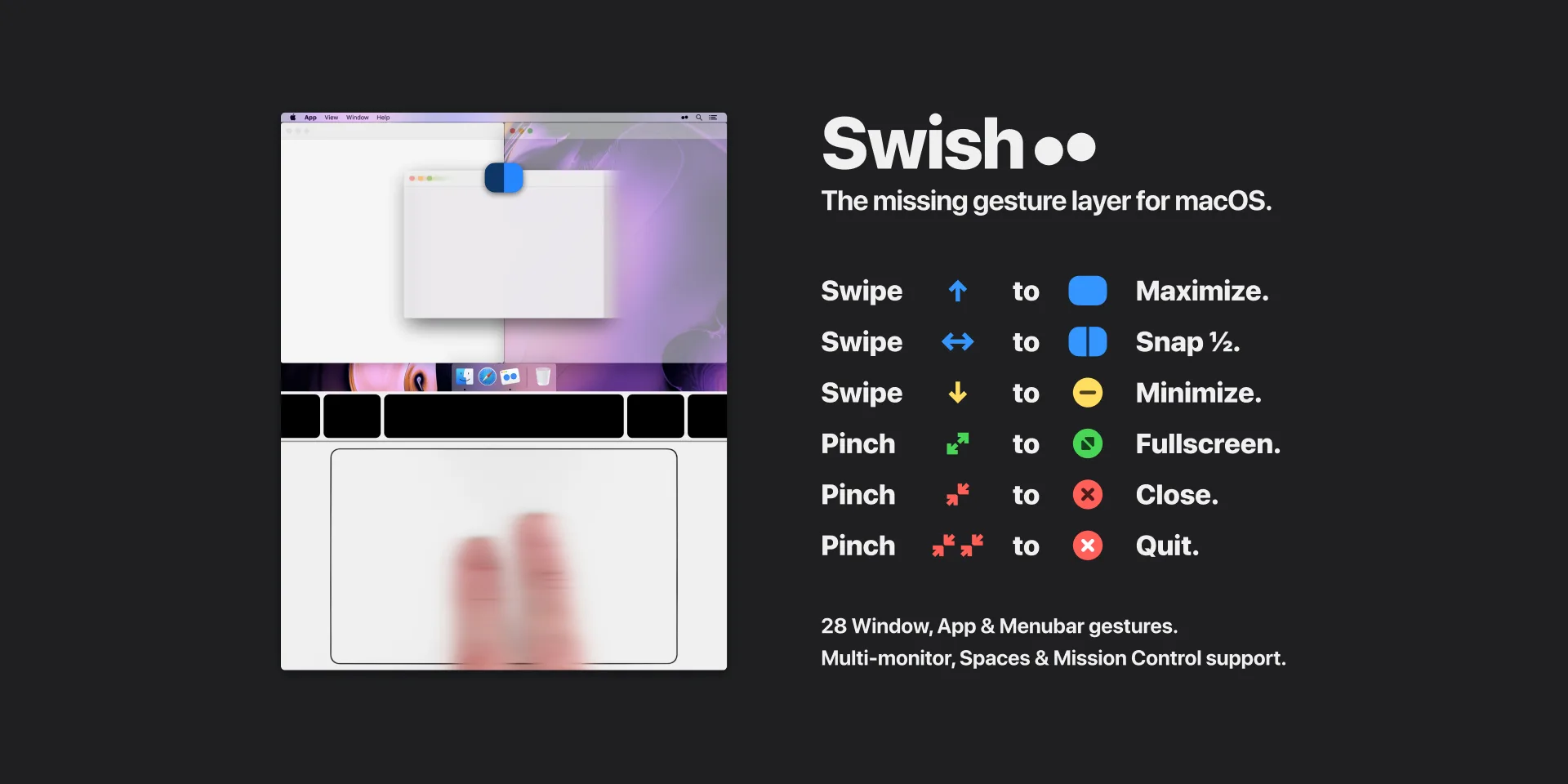 Swish: Trackpad gestures for snapping, closing, minimizing and moving windows between screens and Spaces