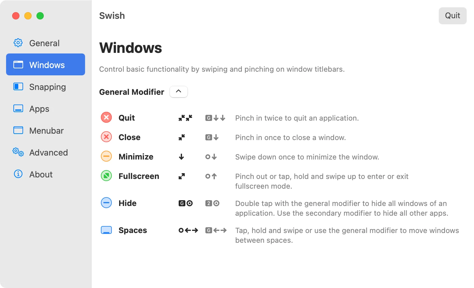 Swish: Trackpad gestures for snapping, closing, minimizing and moving windows between screens and Spaces (3 of 4)