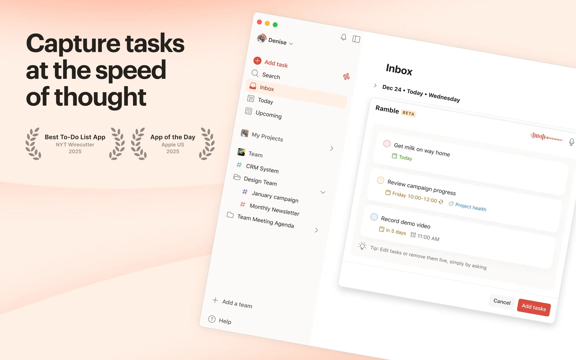 Todoist: Cross-platform task manager with natural-language Quick Add, projects and sharing