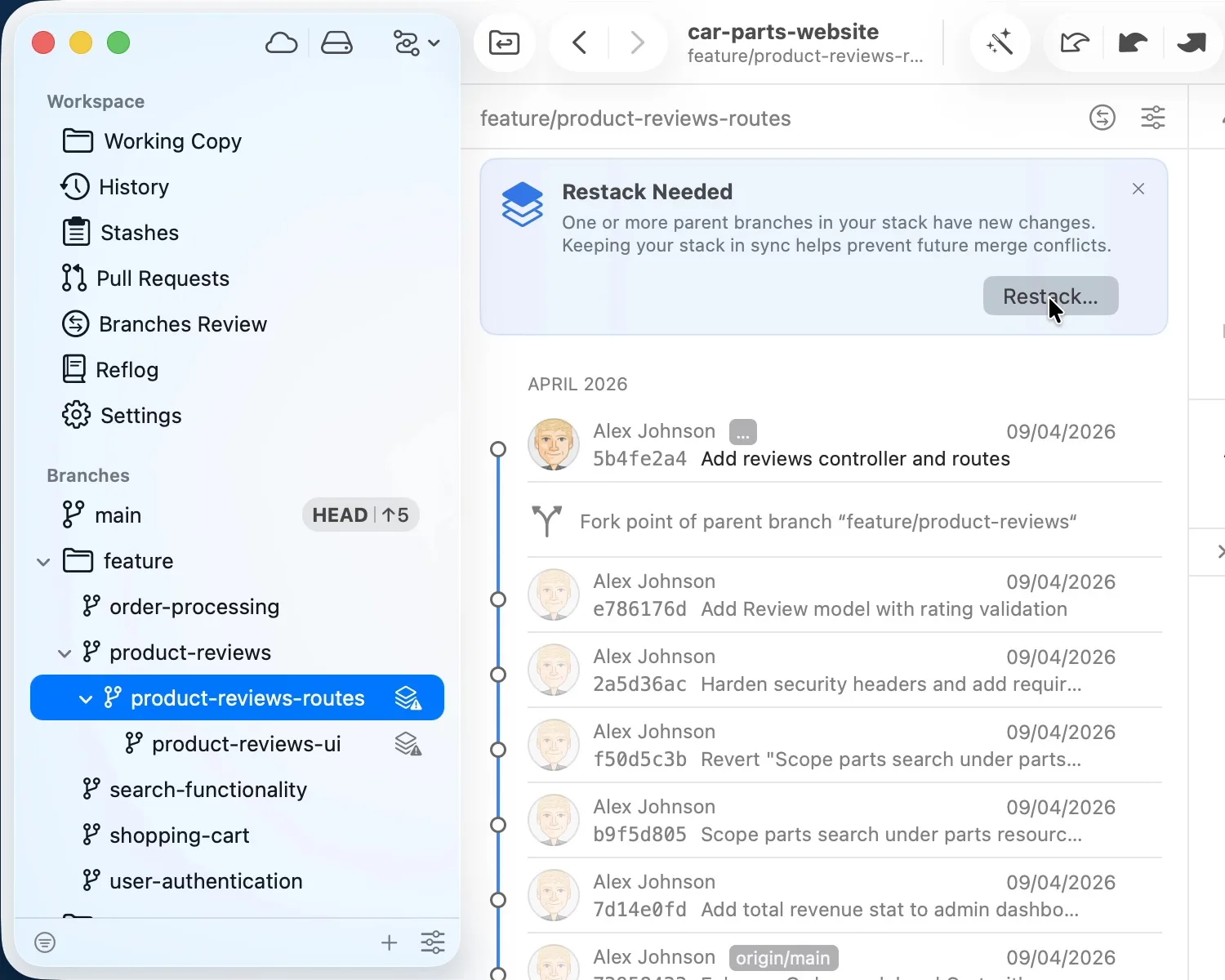 Tower: Git client for Mac with drag and drop, undo, interactive rebase, stacked branches and pull requests (3 of 8)