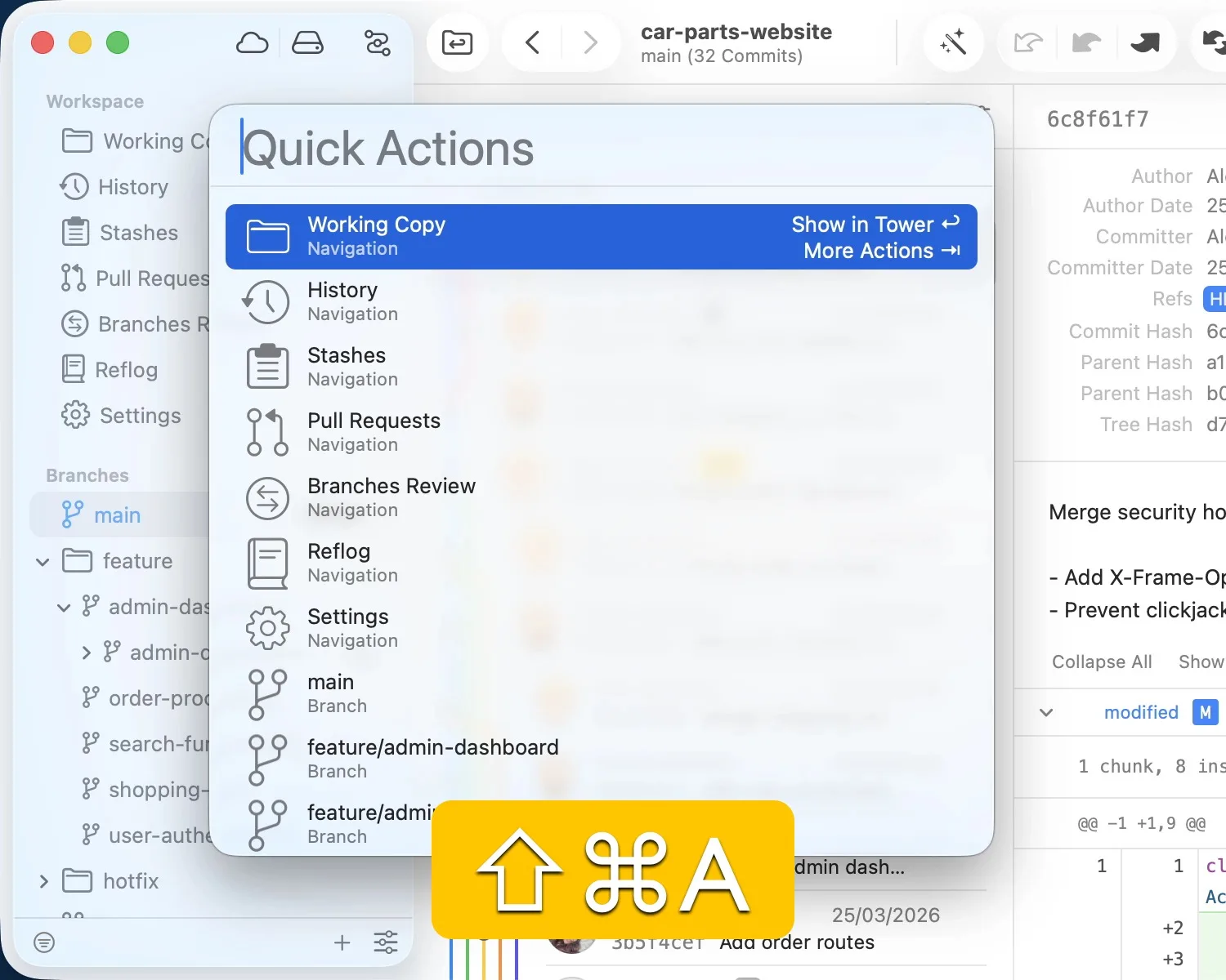 Tower: Git client for Mac with drag and drop, undo, interactive rebase, stacked branches and pull requests (8 of 8)