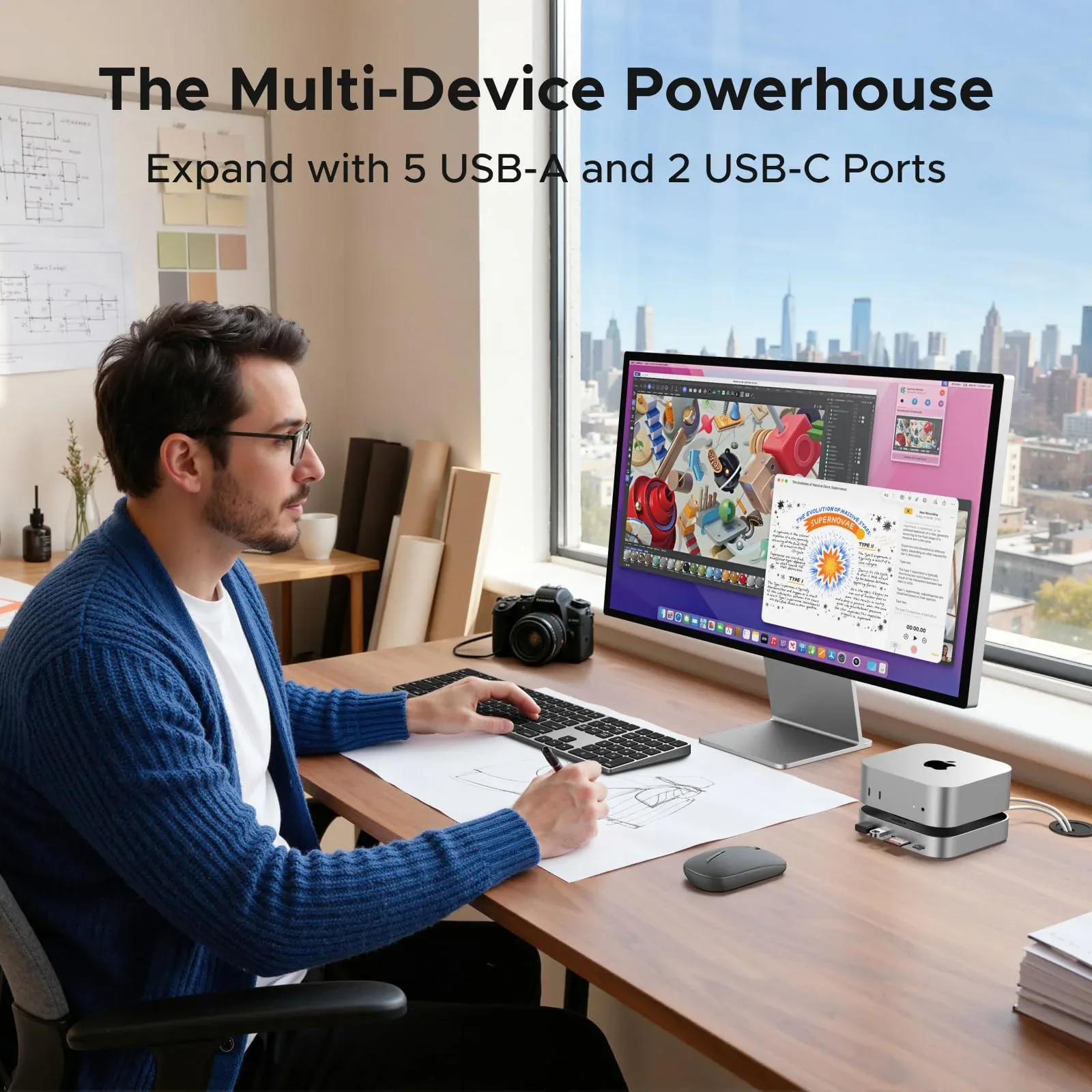 UGREEN Mac mini M4 Docking Station: Stand-style dock for Mac mini M4 with an M.2 NVMe SSD slot, 10Gbps USB ports, and an SD card reader (6 of 8)
