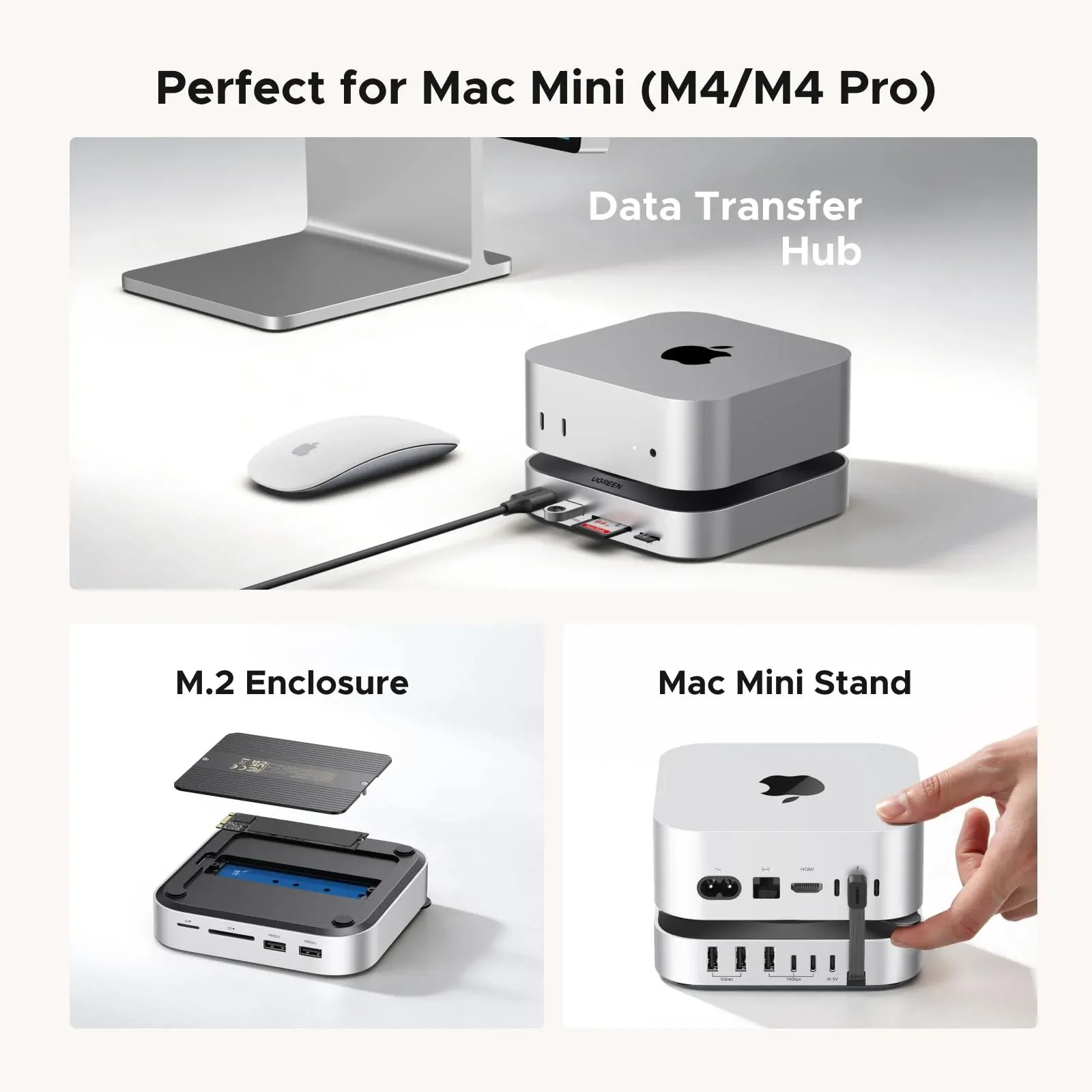 UGREEN Mac mini M4 Docking Station: Stand-style dock for Mac mini M4 with an M.2 NVMe SSD slot, 10Gbps USB ports, and an SD card reader (3 of 8)