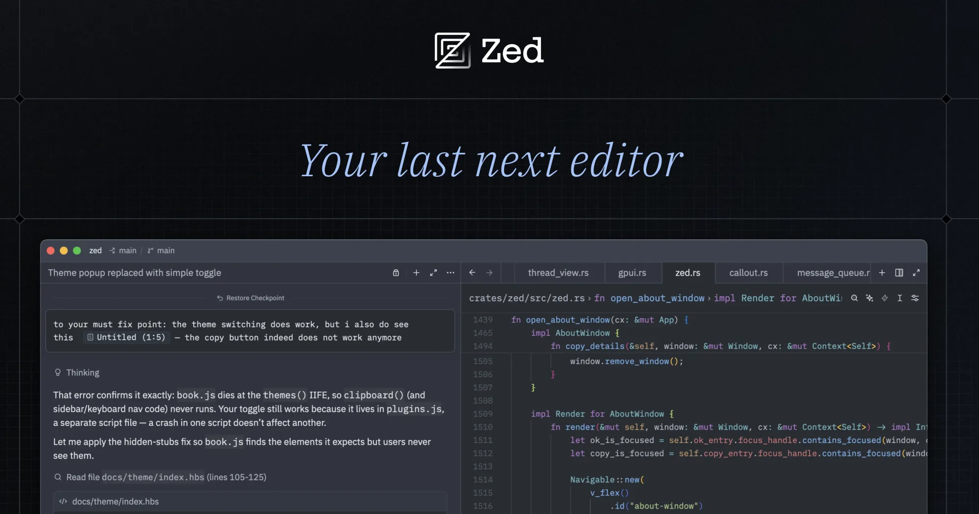 Zed: Fast open-source code editor with multiplayer collaboration and optional AI agents and edit predictions